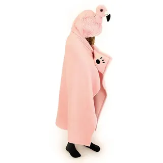 NOXXIEZ Kinder Decke mit Kapuze - kuschelig weiche Fleecedecke im Kuscheltier-Look für Jungs, Mädchen, Sommer, Winter, Camping und als Kuscheldecke (Flamingo)
