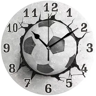 rongweiwang Fußball Ball Druck, runde Acryl Wanduhr, genaue Zeitmessung und einzigartiger Stil, Zeitlose Fußball Wanduhr mit Rissen