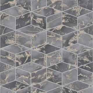 Bricoflor Geometrische Tapete Dunkelgrau Gold Mosaik Vliestapete mit Rauten Muster in Marmoroptik Vlies Mustertapete anthrazit für Küche