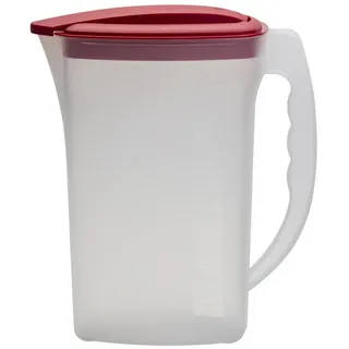 ENGELLAND - 1 x Getränkekrug mit Deckel, Rot-Transparent, für Saft, Wasser, Eistee, Softdrinks, Kanne, Behälter, Kühlschrankkrug, Multifunktionsbox, 2 Liter, Füllskala, BPA-frei, Kunststoff