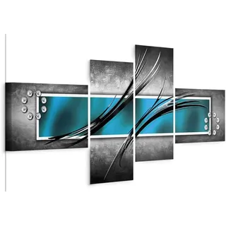 B&D XXL - Wandbilder XXL Abstrakt 200x92 cm Vlies Leinwandbild 4 Teilig Kunstdruck modern Wandbilder XXL Wanddekoration Design Wand Bild - blau türkis silber grau a-A-0526-b-o