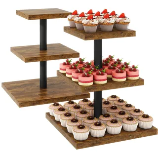 IBUYKE Cupcake-Ständer mit 3 Ebenen,Cupcake-Turm aus Holz,Satz von 2,Quadratischer Dessertständer Tortenständer,Muffinständer, Dessertbaum für Weihnachten, Geburtstag, Hausparty,Braun TLJ014H-2