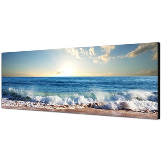 Wandbild auf Leinwand als Panorama in 150x50cm Meer Strand Wellen Sonnenuntergang Wolken