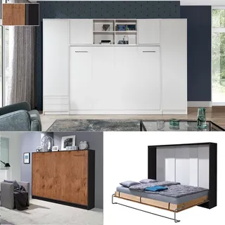 QMM Schrankbett Wandbett Wandklappbett horizontal HB 140x200 mit 2 Schränken & Aufsatz weiß, Eiche Sonoma Schlafzimmer komplett Set (Eiche Lancelot & Schwarz)