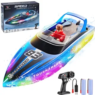 HUAJUN Ferngesteuertes Boot mit LED Lichtern, 2.4GHz Hochgeschwindigkeits RC Boot, Hohen/Niedrigen Geschwindigkeit Fernsteuerungs Schnellboot, 120min Ausdauer, Schwimmbad/See/Teich Spielzeug