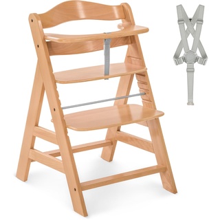 Hauck Kinder Hochstuhl Alpha+ - Mitwachsender Holz Babystuhl (FSC zertifiziert), Kinderhochstuhl ab 6 Monate, verstellbar, mit Schutzbügel, Schrittgurt und 5-Punkt-Gurt - Natur