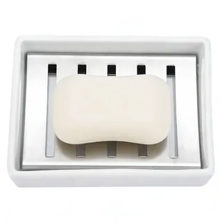 Tissting Seifenschale, Edelstahl Gitter Keramik Seifenhalter mit abnehmbarem Design, zweischichtig, robust und langlebig für Dusche, Badezimmer und Küche