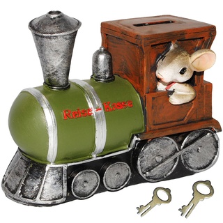 Spardose - Reise-Kasse/Maus mit Eisenbahn - mit 2 Schlüssel + Schloß - stabile Sparbüchse aus Kunstharz - Geld Sparschwein - lustig witzig/Urlaubskass..