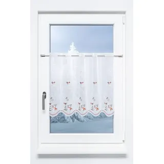 Plauener Spitze® Scheibengardine Schneemann mit Vöglein, (1 St), halbtransparent, HxB 55x64cm rot|silberfarben 64 cm x 55 cm