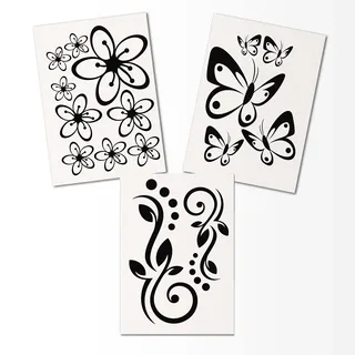 Hibiskus Schmetterling Blüten Ornament SET I - schwarz - 30x21cm - Wall Sticker Wandtattoo Wandaufkleber - Dekoration, Küche, Wohnzimmer, Schlafzimmer, Badezimmer