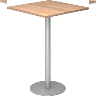 bümö Stehtisch Büro, Bistrotisch eckig 80 x 80 cm - Bartisch Nussbaum, Stehtisch Holz-Platte, Säule aus Metall in silber, Buffettisch, Säulentisch,