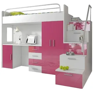 JVmoebel Hochbett Rosa Etagenbett mit Tisch und Schrank aus Holz Made in Europa