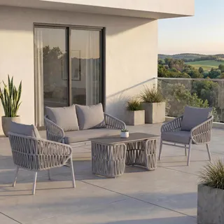 Mendler Gartengarnitur HWC-P90 Stoff/Textil - hellgrau | Lounge-Set, Gartenlounge, Sofa, Sessel, Tisch, Seilgeflecht, Rope, (180g/m2)