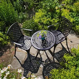 Lazy Susan | Ivy-Bistro-Tisch aus Aluguss mit 2 Stühlen | Garten-Set | Antik-Bronze | Wetterfest | 3 Jahre Garantie | (Rose Stühle, Keine Kissen)