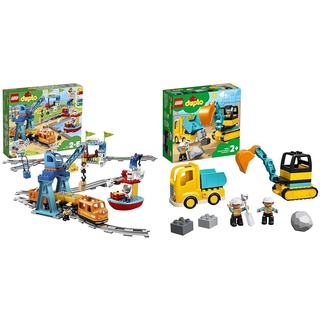 LEGO 10875 DUPLO Güterzug, Eisenbahn, „Push & Go“-Lok mit Lichtern und Geräuschen & 10931 DUPLO Bagger und Laster Spielzeug mit Baufahrzeug