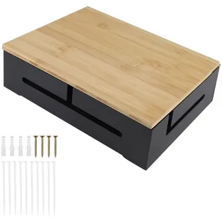DBREAKS Kabelmanagement Box, Kabelbox Holz, Kabel Organizer Box, Schwarz | Wandmontierbare Kabelbox mit magnetischem Bambus-Deckel und Kabelbindern, Kabelkasten für Schreibtisch & TV Cable Organizer