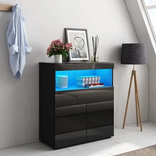 Senvoziii Modernes Wohnzimmer Schrank Hochglanz mit 2 Türen 1 Schublade und Regal für Wohnzimmer und Esszimmer mit LED Licht, Aufbewahrungsschrank für Flur, 80x35x90cm (Schwarz)