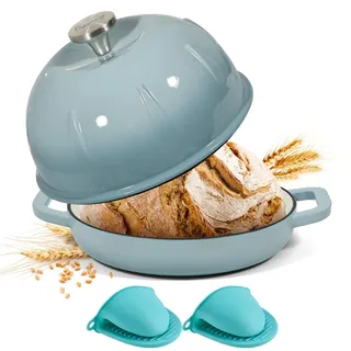 Davivy 5,35L Gusseisen-Brotbacktopf (Meersalzblau,mit Mini-Ofenhandschuhe) | 25cm Emaillierter Gusseisen Topf Brot Backen, Dutch Oven mit gewölbtem Deckel, ideal für Sauerteigbrot und Backen