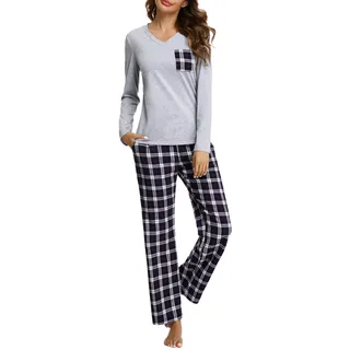 iClosam Schlafanzug Damen Lang Pyjama Set Winter Baumwolle V-Ausschnitt Zweiteiliger Nachtwäsche Langarm Sleepwear und Karierte Pyjamahose Loungewear Freizeitanzug - XXL