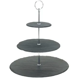 Etagere Schiefer mit 3 Ablagen - Dreistufiger Servierständer für Kuchen, Gebäck, Obst & Tapas - Naturstein, Metall Schwarz/Silber, H 34cm