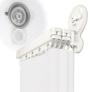 Faltbarer Duschvorhangstange mit Saugnapf, Ohne Bohren L/U Form Eckvorhangstangen Zur, Wasserdicht Schimmelresistent Duschvorhang für Badewanne(172+25cm)
