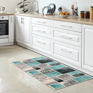 CARPETIA Küchenläufer Karo-Mosaik Türkis Grau rutschfest 67x180 cm | Rutschfest, pflegeleicht, schmutzabweisend und strapazierfähig, OEKO-TEX geprüft, für Fußbodenheizung, Küche & Flur