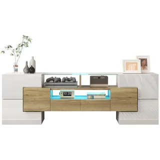 OKWISH TV-Ständer 145x30x51 cm Hochglanz Weiß+Holz LED TV-Board Lowboard Sideboard Wohnzimmer Stauraum modern stilvoll elegant