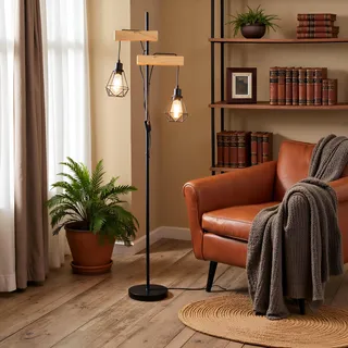 Osasy Industrielle Stehlampen 2-flammig E27 LED Glühbirne, Vintage rustikal Design mit Natür Holz und Schwarzem Metall, für Wohnzimmer esszimmer flur
