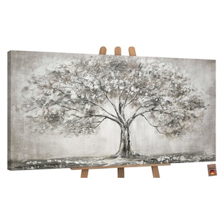 YS-Art Gemälde Lebensbaum, Landschaft, Leinwand Bild Handgemalt Grau Lebensbaum Natur Familie weiß 100 cm x 50 cm x 4 cm