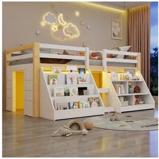 Flieks Hochbett Kinderbett Halbhochbett Holzbett 90x200cm mit 2 Stauraumregal und LED weiß