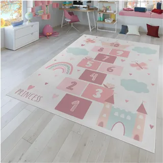 TT Home Herzspielteppich Kinderteppich 100 x 200 cm Rosa/Weiß