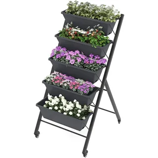 RELAX4LIFE Vertikalbeet mit 5 Blumenkästen, Vertikales Hochbeet mit 5 Etagen, Kräuterbeet mit Feststellbaren Rädern & Metallrahmen, Mobile Pflanztreppe für Balkon Garten (Schwarz, 68 x 57 x 117 cm)