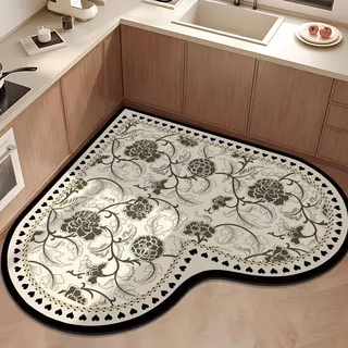 Aeoauter Küchenteppich L-Form 140x140 cm rutschfest | Absorbierend Schnelltrocknend Kieselgur Teppich, Vintage Herz Stil Waschbar für Fußmatte