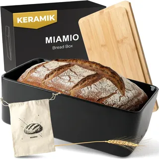 MIAMIO – Brotkasten mit Bambusdeckel/Brotkasten Keramik, Brotbox mit Holzdeckel verwendbar als Schneidebrett, 32 x 20 x 11,5 cm (Schwarz)