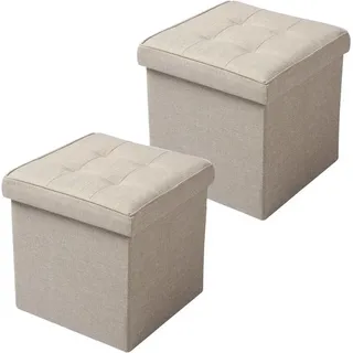 Woltu 2er Set Sitzhocker mit Stauraum Faltbar Truhen Aufbewahrungsbox, Deckel Abnehmbar, Gepolsterte Sitzfläche aus Leinen, 37,5x37,5x38CM(LxBxH), Beige