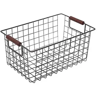 Cratone Metallkorb mit Holzgriffen Drahtkorb schwarz Rechteckig Aufbewahrungsbehälter Gitterkorbfür Aufbewahrung, Kleidung, Accessoires