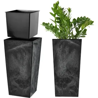 KADAX Pflanzkübel mit Innentopf, Höhe 46.5cm, 19x24cm, ca. 10L – Beton-Optik Schwarz, Frostsicherer Blumentopf für Innen & Außen, Garten, Balkon & Terrasse, UV-beständig, wetterfest