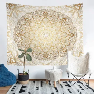 Tbrand Boho Mandala Wandteppich 130x150cm Tapisserie böhmischen Stil für Teenager Luxus Golden Weiß Mandala Dekor Wandbehang Exotisches Blumenmuster Wandtuch