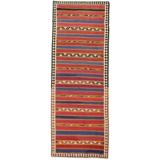 Orientteppich Perser Kelim Fars Azerbaijan Antik 454x156 Handgewebt Orientteppich, Läufer, Höhe: 4 mm beige|blau