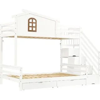 Etagenbett 90x200cm ohne Matratze 120x200cm Kinderbett 2 Schubladen Rollen schoene Fenster Eck-Leiterschrank stabile Sperrholz Weiss Naturbelassen - Weiß
