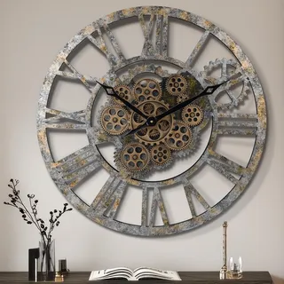 Lafocuse 57cm Vintage Wanduhr Große mit Beweglichen Zahnrädern, Shabby Chic Holz, Industriell Steampunk XXL Wanduhr Retro Deko für Küche Wohnzimmer Bar