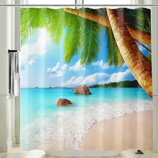 Vgzsyomqib Strand Türkis Meer Duschvorhang 200x200 Lang Anti Schimmel Wasserdicht für Badewanne Stoff Shower Curtains 3D Taupe Insel Grün Palmen Blau Ocean Motiv Duschvorhänge Waschbar Textil