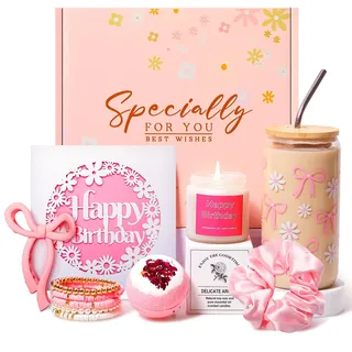 MUJUZE Geburtstagsgeschenke Mädchen Teenager 11 12 13 16 18 21,Geschenkset für Geburtstag,Happy Birthday Geschenke für Mädchen,Schwester,Tochter,Beste Freundin (Pink Bow Glass Cup Gifts)