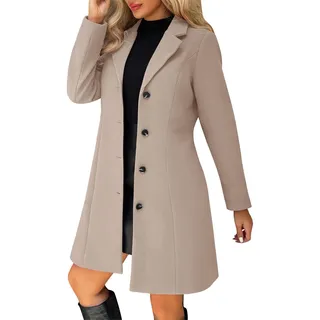 Herbstmantel Damen Elegant Umlegekragen Wollmantel Langarm Wintermantel Wollmischung Trenchcoat Mittellang Mantel A-Linie Damenmantel - L
