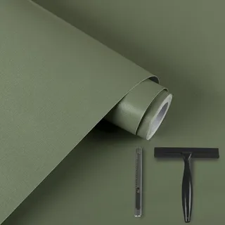 Alened Klebefolie Möbel Grün Matt 40x300cm Inklusive Toolkit Möbelfolie Selbstklebende Wasserfest Folie für Möbel Dekoration Wand, Küche Arbeitsplatte, Küchenschrank