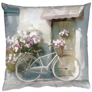 MuchoWow Dekokissen Fahrrad - Pastellfarben - Blumen, Zierkissen mit Kissenfüllung, Deko, Sofakissen, 50x50 cm 50 cm x 15 cm x 50 cm