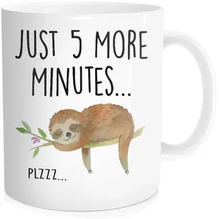 Hasdon-Hill Lustige Faultier-Tasse, Just 5 More Minutes Kaffeetasse, süßes Tee-Geschenk für Sie Ihn, Geburtstag, Weihnachten, 325 ml, weiße Keramik