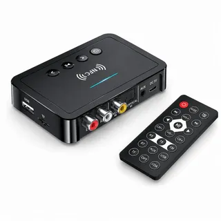 Tekoo Bluetooth 5.4 Audio Adapter Sender & Empfänger, Optisch, NFC, LED Bluetooth-Adapter 3,5 mm Klinkenstecker, Cinch-Stecker, Micro-USB zu 3,5 mm Klinkenbuchse, Cinch-Buchse, Toslink-Buchse (Optisch), Koaxial-Buchse, USB-Port Typ A, 3-in-1 Funktion: TX / RX / FM-Transmitter, Mit NFC und Fernbedienung schwarz