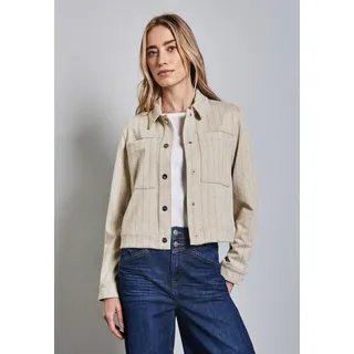 Kurzblazer STREET ONE, Damen, Gr. 40, beige (sheer beige meliert), Stoff, 70% Polyester, 26% Viskose, 4% Elasthan, gestreift, casual, regular fit normal, V-Ausschnitt, Langarm Bündchen, Blazer, mit Brusttaschen