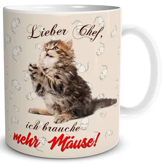 TRIOSK Tasse Katze lustig mit Spruch Mehr Mäuse Katzenmotiv Geschenk für Arbeit Büro Katzenliebhaber Frauen Freundin Kollegin, Keramik 300ml